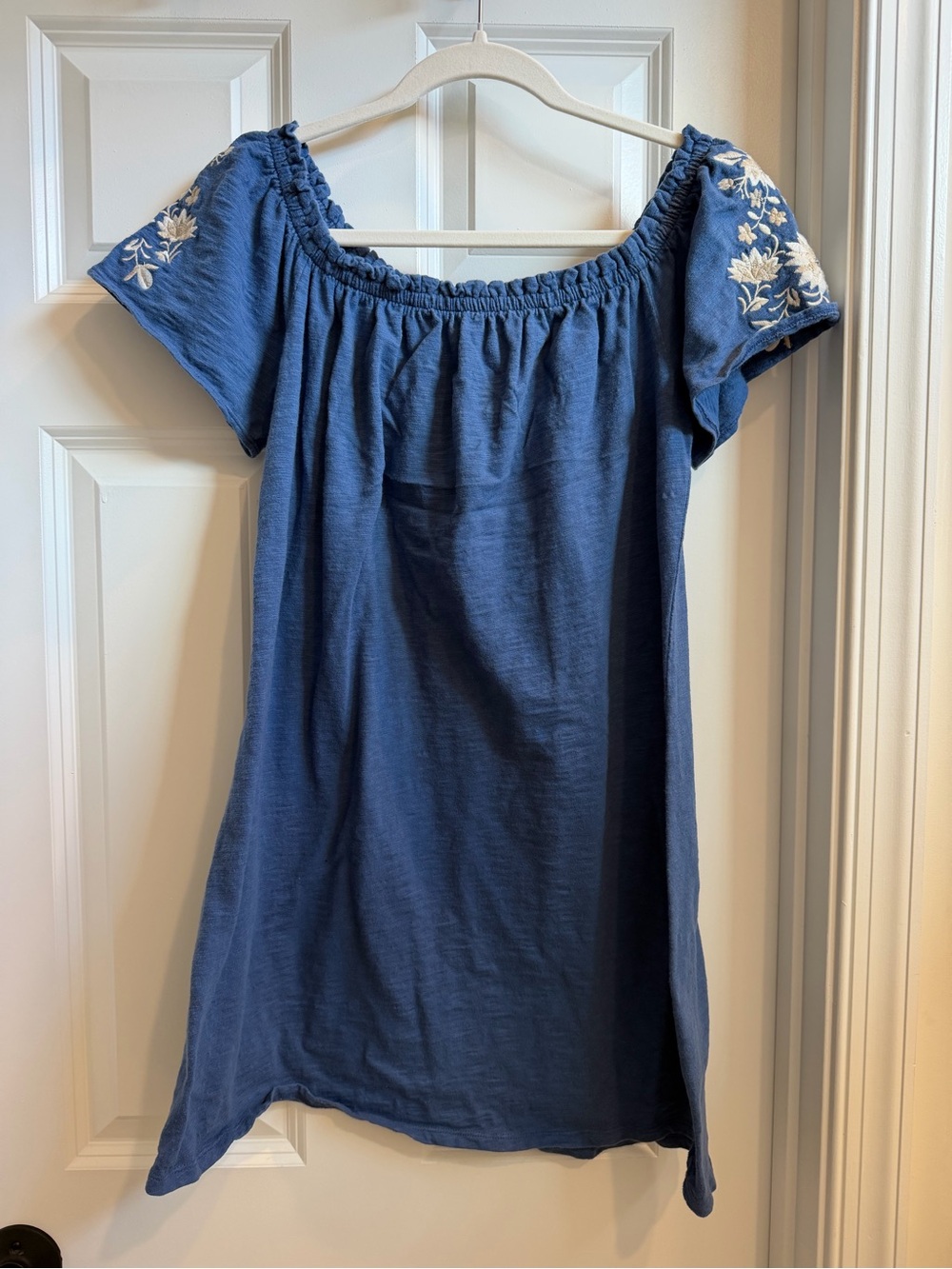 Blue Off-Shoulder Embroidered Sleeve Women's Dress